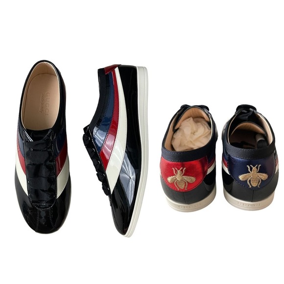 New Gucci Falacer Hebron Web Patent Leather Sneakers Men Size 7.5/ 8 - Picture 1 of 13